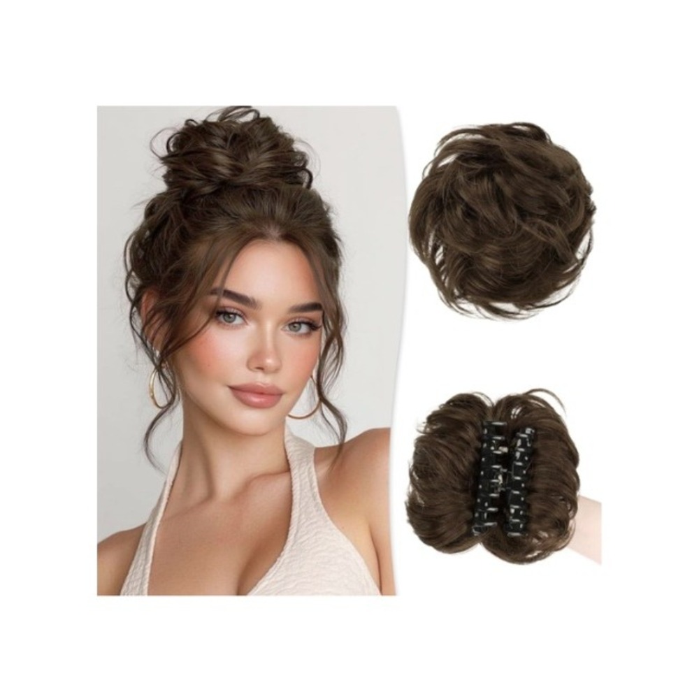 RUWISS Human Hair Messy Bun Claw Clip Extension Chestnut Brown Wavy Chignon